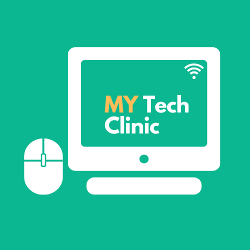 Green background logo with white computer and mouse featuring "MY Tech Clinic"