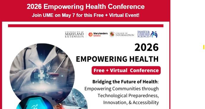 Screenshot of the April Newsletter: red and white themed graphic with information about the 2026 Empowering Health Conference
